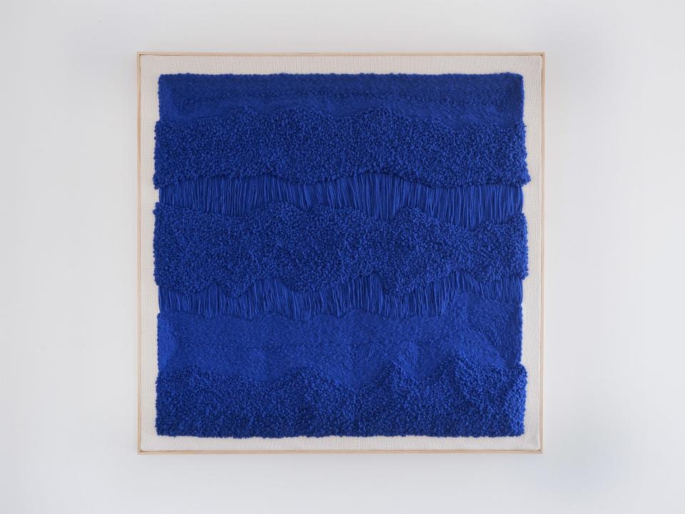 "Blue Waves No. 6" is part of artist Peter Chao's exhibit of fiber art pieces, contemporary abstract seascapes made with yarn, on view in Provincetown.