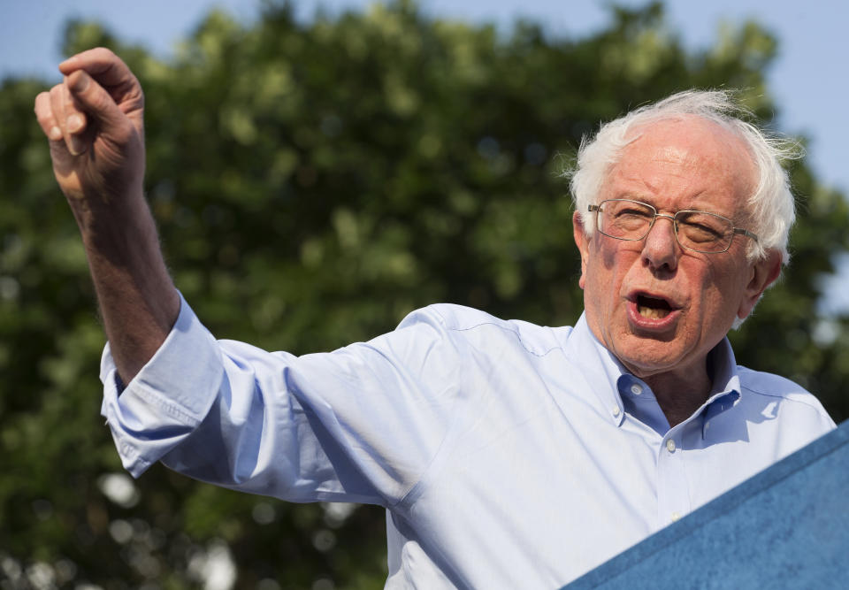 Democratic presidential candidate Sen. Bernie Sanders, I-Vt., Bernie Sanders speaks during a rally at Discovery Green on Wednesday, April 24, 2019, in Houston. (Brett Coomer/Houston Chronicle via AP)