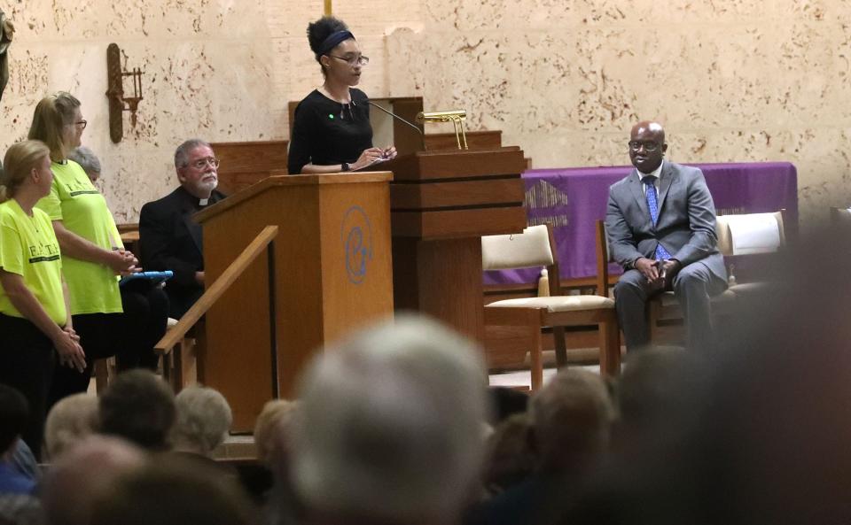Arlisa Pertiller told the crowd at Monday's annual FAITH action assembly about the struggle she's had with subpar rental housing that has lacked heat and air conditioning, and has exposed her and her five children to rats, bats and insects.
