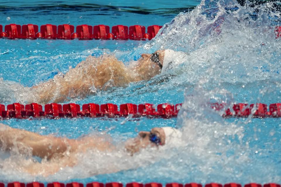 Ryan Murphy swims during a Men's 200 backstroke semifinal heat Wednesday, June 19, 2024, at the US Swimming Olympic Trials in Indianapolis. (AP Photo/Darron Cummings)