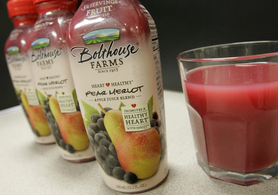 In a photo taken March 6, 2009 in Minneapolis, a pear-merlot juice blend from Bolthouse Farms is shown. The drink will become the first consumer product to hit grocery stores this month containing Cargill's Barliv barley betafiber. (AP Photo/Jim Mone)