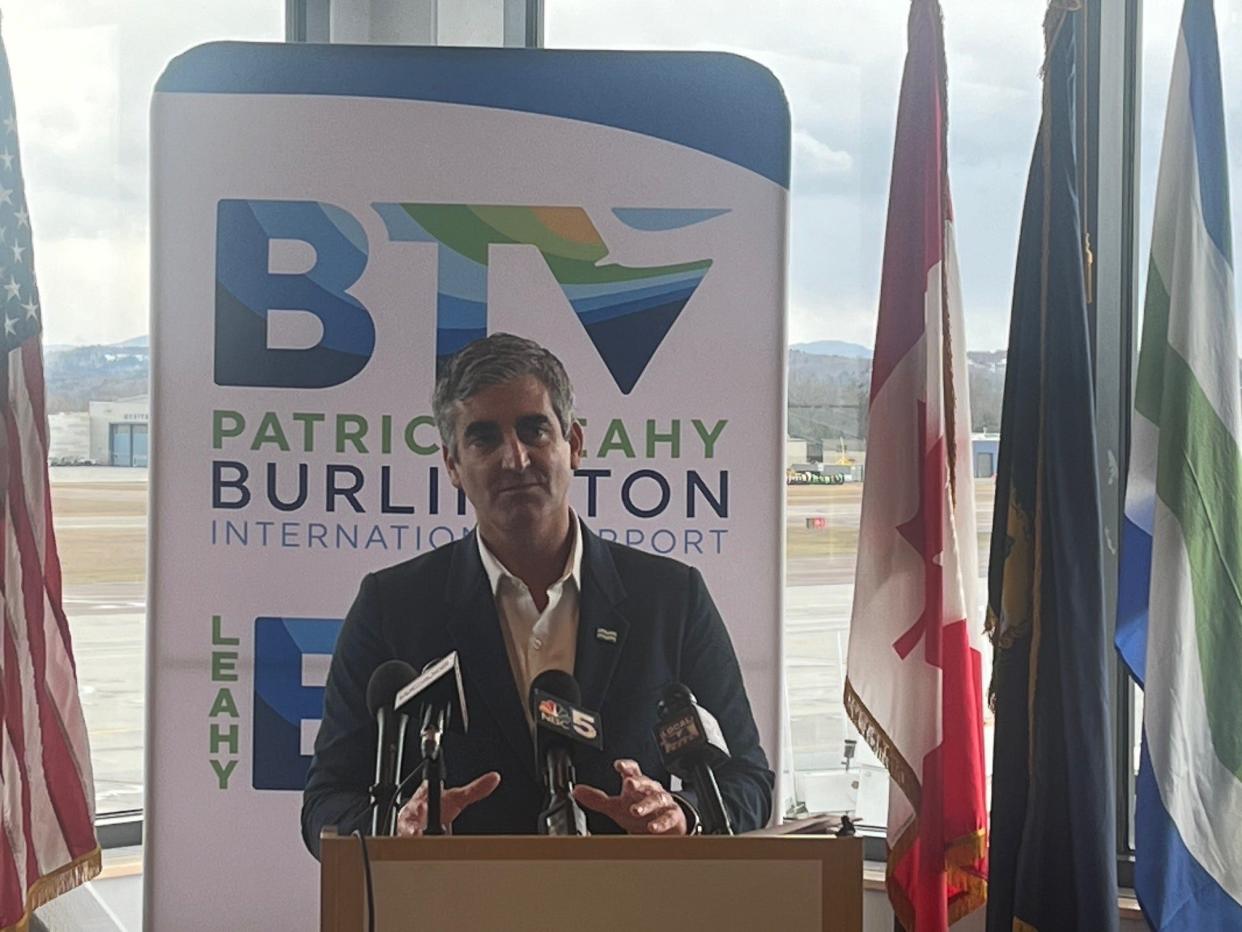 Mayor Miro Weinberger speaks at a press conference announcing plans for a new north terminal at Patrick Leahy Burlington International Airport on March 20, 2024.