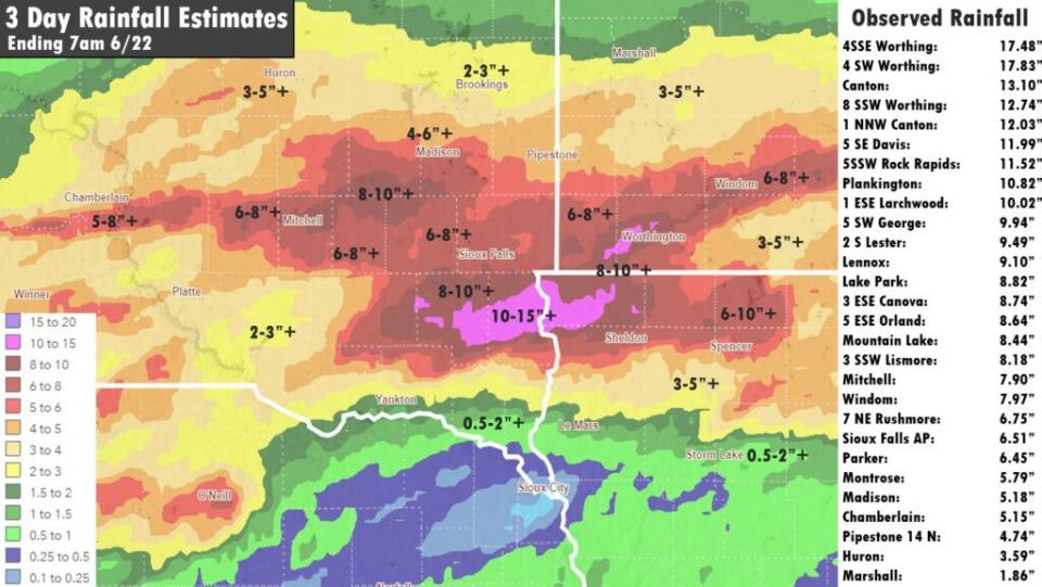  Estimated three-day rainfall totals in southeast South Dakota as of 7 a.m. Central time on June 22, 2024. (Courtesy of National Weather Service)