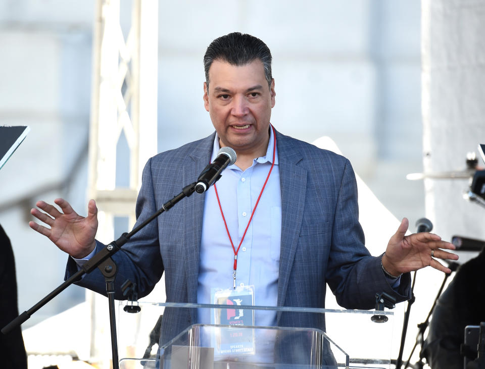 LOS ANGELES, CA - JANUARY 20: Secretary of State of California Alex Padilla speaks onstage at 2018 Women's March Los Angeles at Pershing Square on January 20, 2018 in Los Angeles, California.  (Photo by Amanda Edwards/Getty Images for The Women's March Los Angeles)