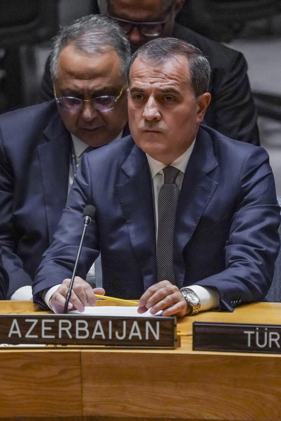 Azerbaijan's Foreign Minister Jeyhun Bayramov prepares to address a United Nations Security Council meeting, on the conflict between Armenia and Azerbaijan, Thursday Sept. 21, 2023 at U.N. headquarters. (AP Photo/Bebeto Matthews)