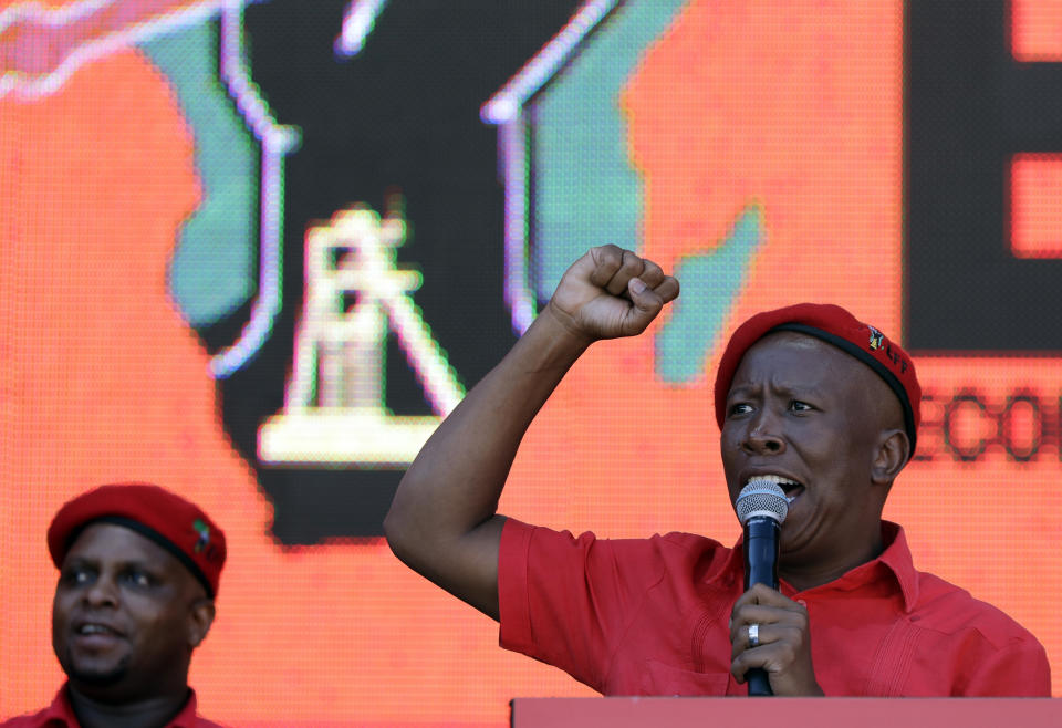 Leader of the Economic Freedom Fighters (EFF) party, Julius Malema, addresses supporters at Orlando Stadium in Soweto, South Africa, Sunday, May 5, 2019. Campaigning for South Africa’s upcoming election have reached a climax Sunday with mass rallies by the ruling party and one of its most potent challengers. (AP Photo/Themba Hadebe)