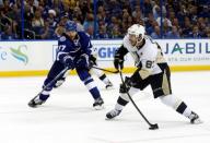 May 24, 2016; Tampa, FL, USA; Pittsburgh Penguins center Sidney Crosby (87) scores a goal against the Tampa Bay Lightning during the second period of game six of the Eastern Conference Final of the 2016 Stanley Cup Playoffs at Amalie Arena. Mandatory Credit: Kim Klement-USA TODAY Sports