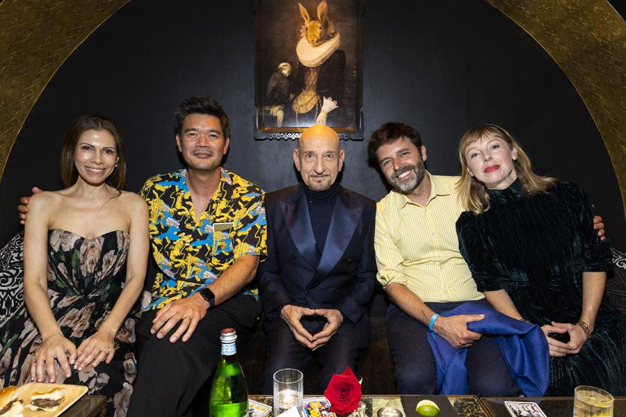 (Left to Right) Daniela Lavender, Destin Daniel Cretton, Sir Ben Kingsley, Andrew Guest and Jenna Friedenberg got cozy at the “Daliland” premiere after party, upstairs at The Culver Hotel in Culver City. (Brian Feinzimer)