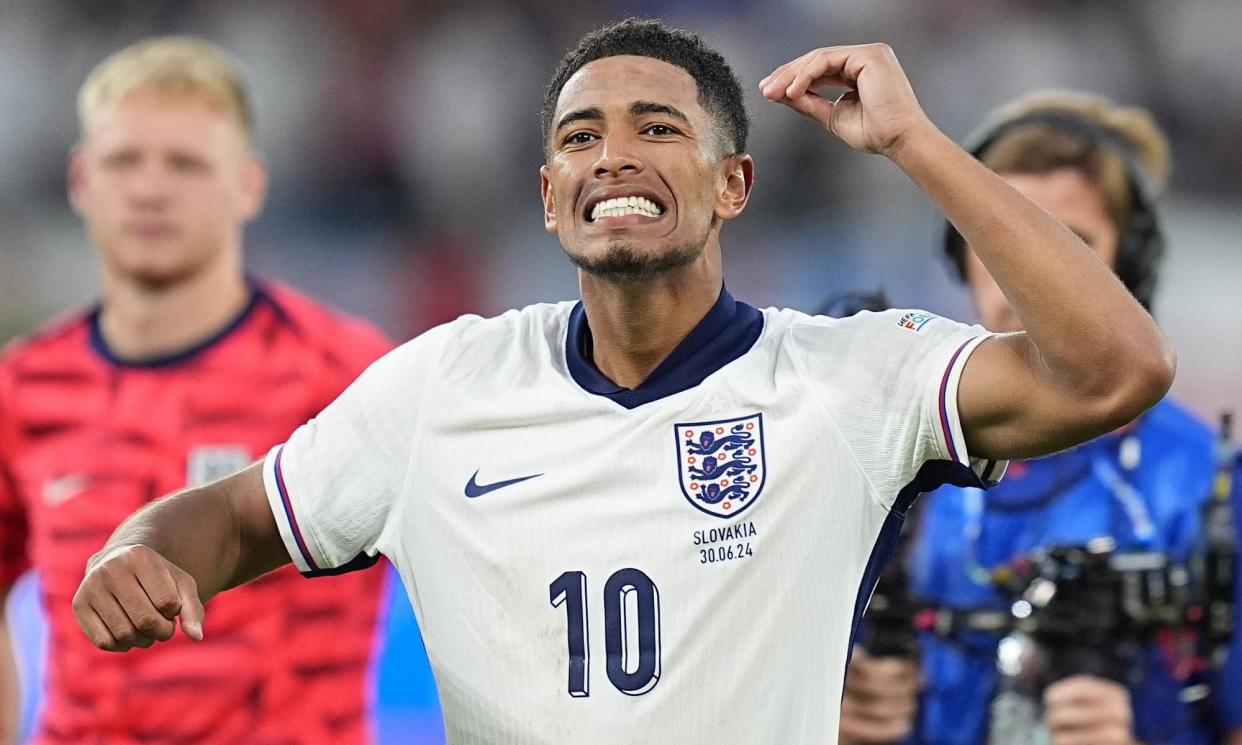 <span>Jude Bellingham, celebrating victory against Slovakia, has a very good clips reel of moments behind him at this European Championship, but they do not tell the whole story.</span><span>Photograph: Anadolu/Getty Images</span>