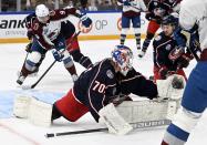 Columbus Blue Jackets' goalkeeper Joonas Korpisalo in action, during the 2022 NHL Global Series ice hockey match between Colorado Avalanche and Columbus Blue Jackets in Tampere, Finland, Saturday, Nov. 5, 2022. (Emmi Korhonen./Lehtikuva via AP)