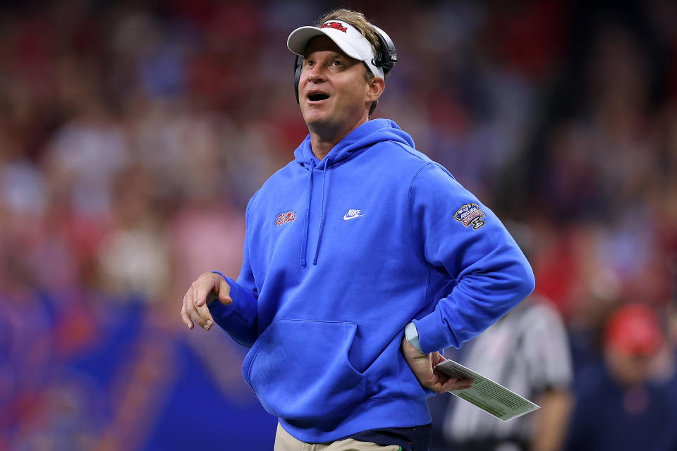 NEW ORLEANS, LOUISIANA - JANUARY 01: Head coach Lane Kiffin of the Mississippi Rebels reacts during the Allstate Sugar Bowl against the Baylor Bears at the Caesars Superdome on January 01, 2022 in New Orleans, Louisiana. (Photo by Jonathan Bachman/Getty Images)