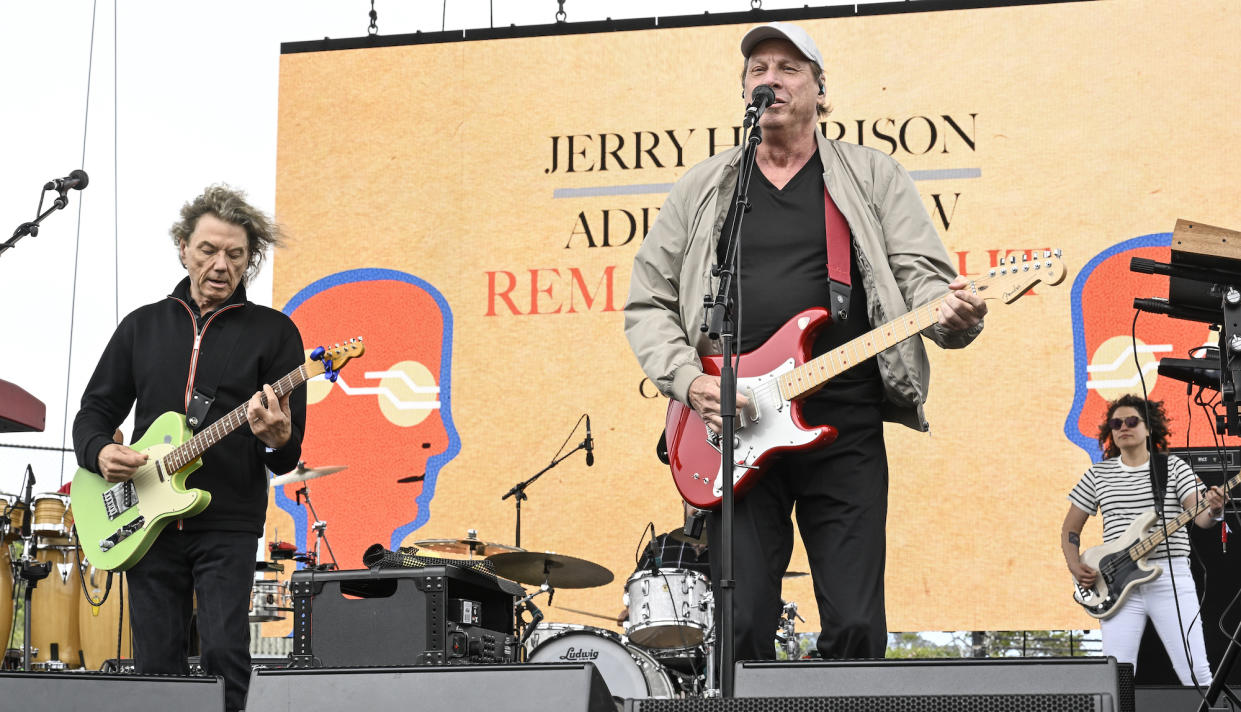  Jerry Harrison (left) and Adrian Belew perform onstage at Friends Field at the Mill Valley Community Center in Mill Valley, California on May 14, 2023. 