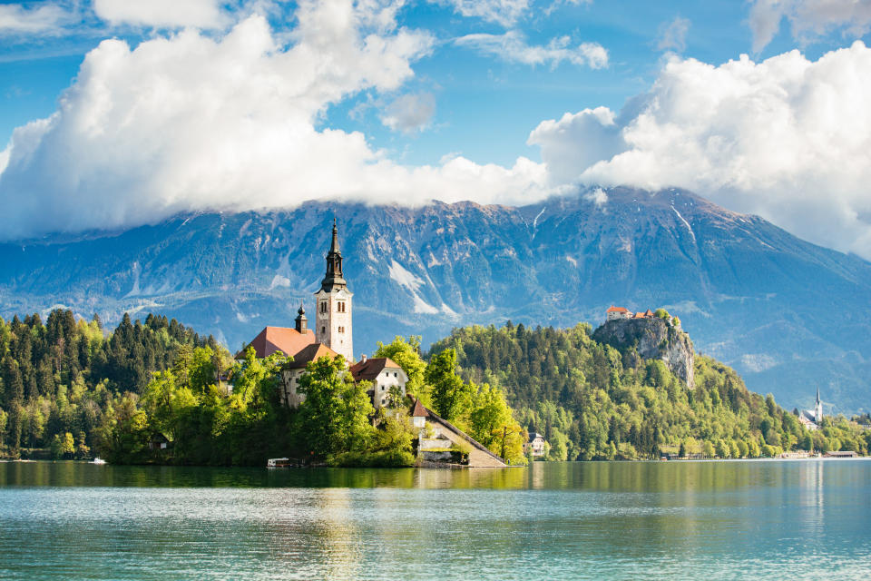 An iconic view of Lake Bled in Slovenia.