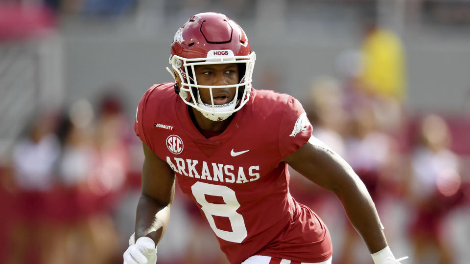 Arkansas defensive back Jayden Johnson (8) against Rice during an NCAA football game on Saturday, Sept. 4, 2021, in Fayetteville, Ark. (AP Photo/Michael Woods).