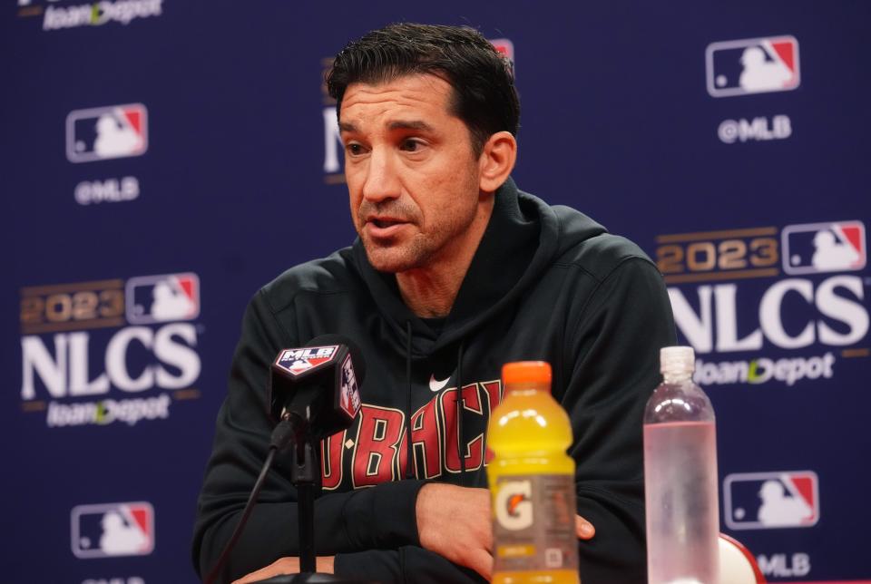 Arizona Diamondbacks general manager Mike Hazen speaks to the media ahead of their NLCS matchup against the Philadelphia Phillies at Citizens Bank Park in Philadelphia on Oct. 15, 2023.