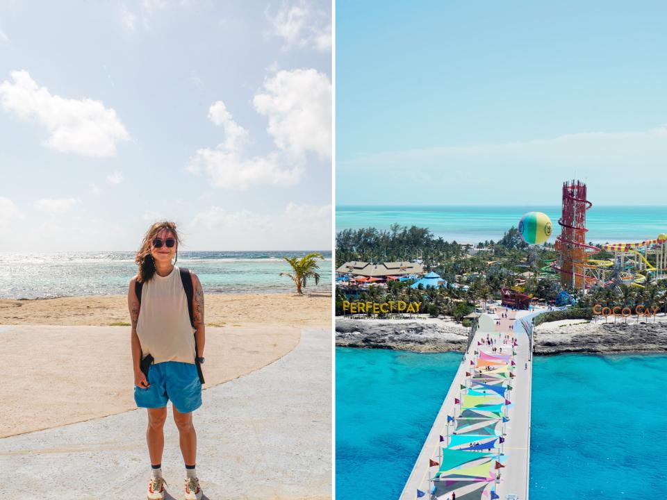The author in Costa Maya (L) and a view of CocoCay (R)