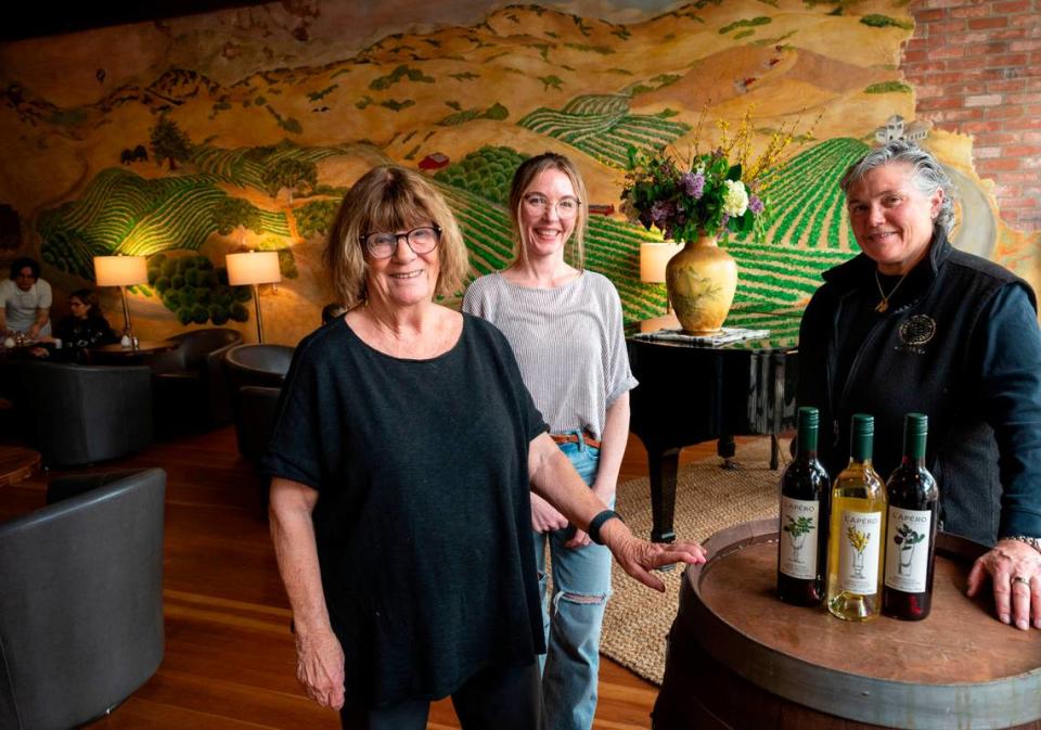 Georgeanne Brennan, left, Nicole Salengo-Lee, center and Corinne Martinez, are co-owners of L’Apéro Les Trois, California’s first French farmhouse-style apéritif tasting cafe in Winters on April 4, 2024. Lezlie Sterling/lsterling@sacbee.com