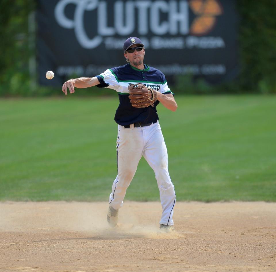 Sartell's Brian Schellinger throws the ball from the shortstop position as the Sartell Muskies host the Sauk Rapids Cyclones at St. Cloud Orthopedics Field on Saturday, July 16, 2022.