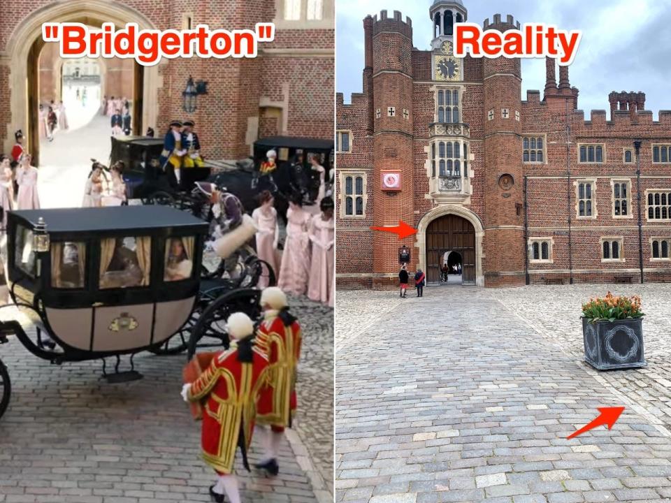 Hampton Court Palace's Base Court in "Bridgerton," and in reality.