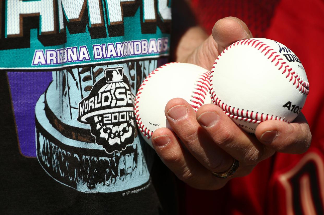 Arizona Diamondbacks fan waiting to get their baseballs signed during a Cactus League game on Mar. 9, 2020 at Salt River Fields at Talking Stick in Scottsdale, Ariz.