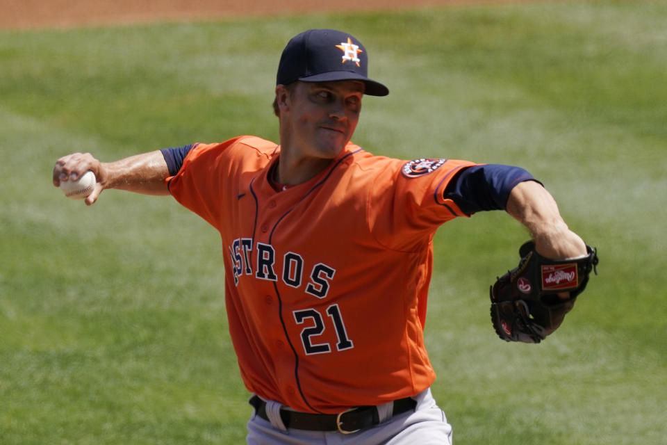 Houston Astros starting pitcher Zack Greinke throws to the plate during the first inning of a baseball game against the Los Angeles Angels Tuesday, April 6, 2021, in Anaheim, Calif. (AP Photo/Mark J. Terrill)