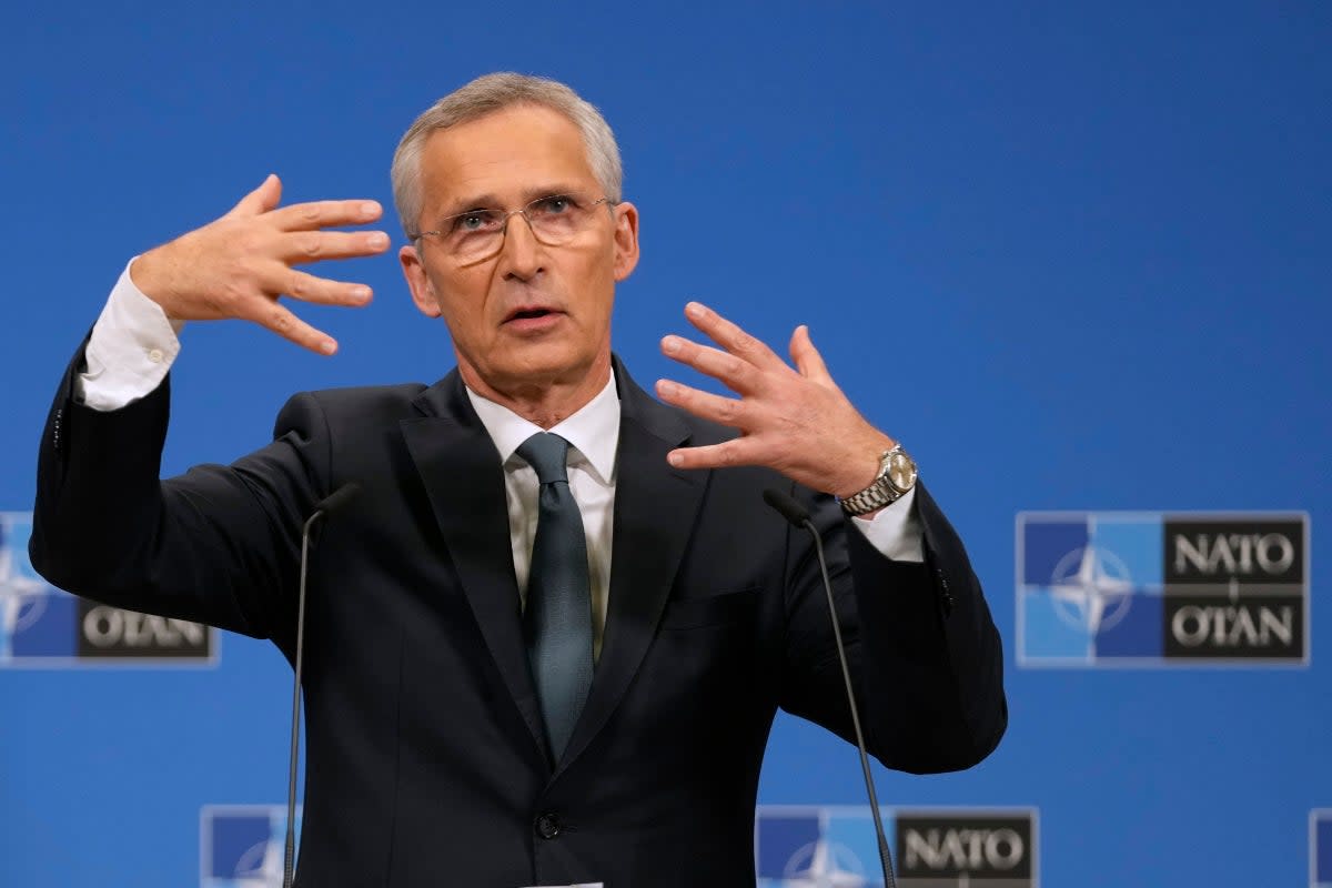 NATO Secretary General Jens Stoltenberg addresses a media conference after a meeting of NATO defense ministers at NATO headquarters in Brussels, Friday, June 14, 2024. (AP Photo/Virginia Mayo) (AP)