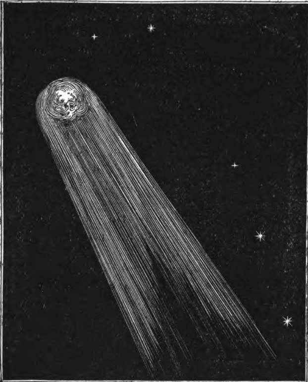 A commet is drawn in white pencil on black papter. It shoots upward to the left, a tail streaks behind. A few stars are seen.