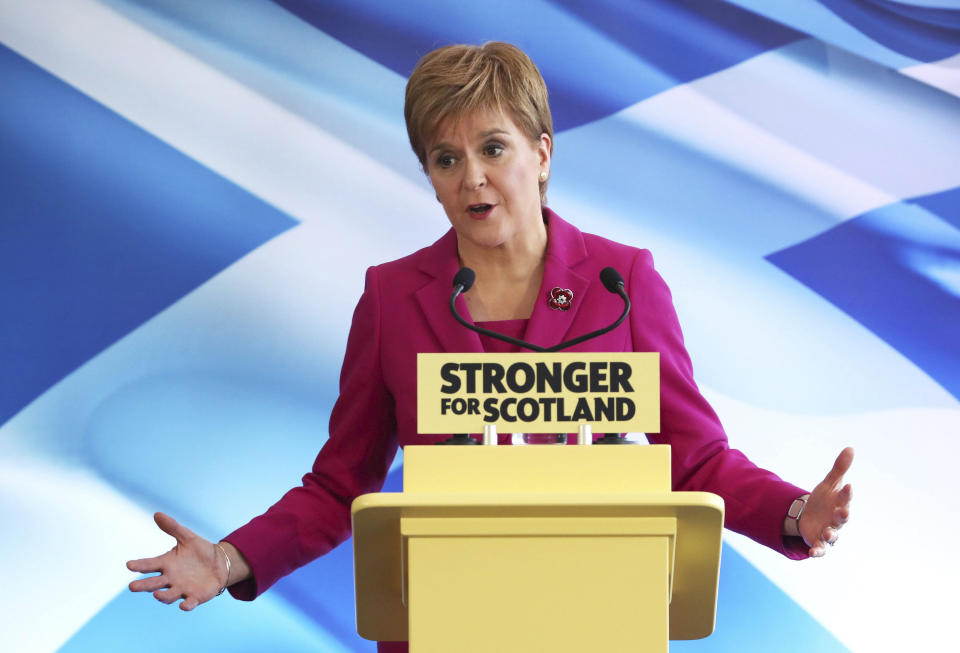 Scottish National Party (SNP) leader Nicola Sturgeon speaks at the launch of the party's General Election campaign, in Edinburgh, Scotland, Friday Nov. 8, 2019. The Scottish National Party is officially launching its campaign for Britain’s upcoming Dec. 12 election, with the SNP hoping to put Scotland a step closer to independence. (Andrew Milligan/PA via AP)