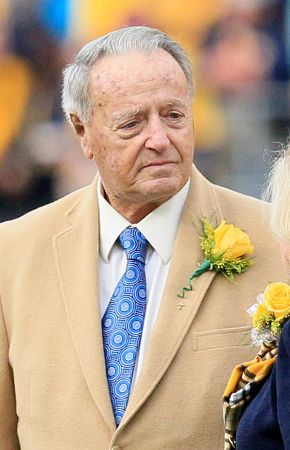 Bobby Bowden attends a ceremony where he was given the WVU Outstanding Alumni Award during halftime against Kansas in Morgantown, W.Va., Saturday, Oct. 4, 2014. (AP Photo/Chris Jackson)