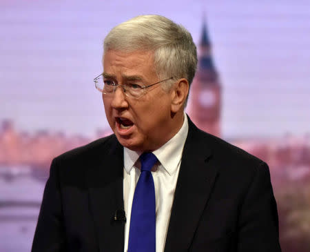 British defence minister Michael Fallon appears on the BBC's The Andrew Marr Show, in central London, Britain September 10, 2017. Jeff Overs/BBC Handout via REUTERS -