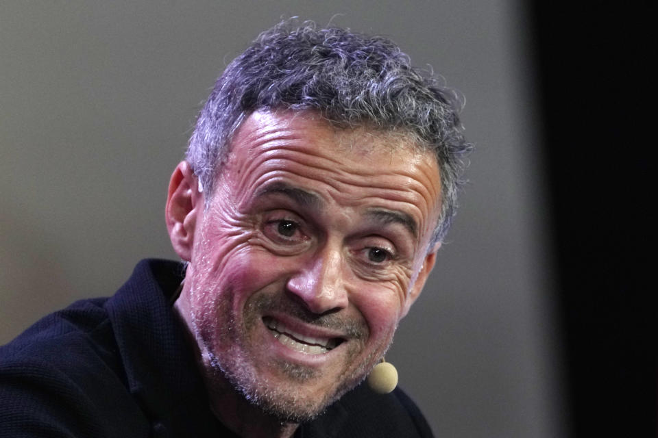 Spain's national soccer team coach Luis Enrique speaks during a press conference after announcing the squad for the Qatar 2022 World Cup at the Spanish soccer federation headquarters in Las Rozas, just outside of Madrid, Spain, Friday, Nov. 11, 2022. (AP Photo/Paul White)