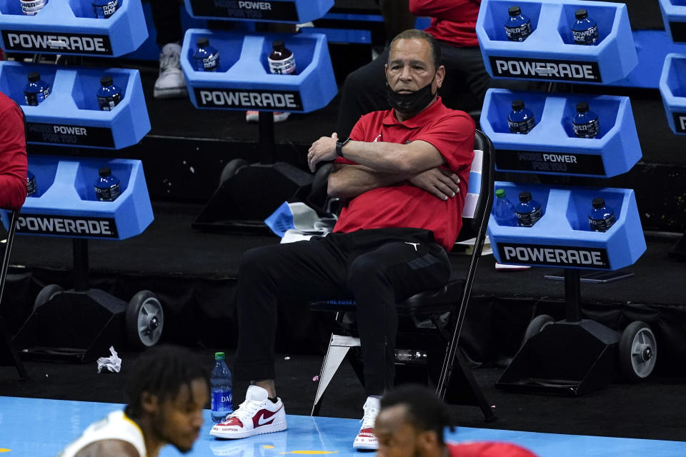 Houston head coach Kelvin Sampson watches from the bench during the second half of a men's Final Four NCAA college basketball tournament semifinal game against Baylor, Saturday, April 3, 2021, at Lucas Oil Stadium in Indianapolis. (AP Photo/Darron Cummings)