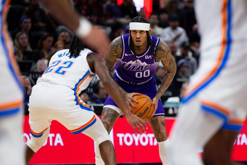 Utah Jazz guard Jordan Clarkson (00) holds the ball during the NBA basketball game between the Utah Jazz and the Oklahoma City Thunder at the Delta Center in Salt Lake City on Thursday, Jan. 18, 2024. | Megan Nielsen, Deseret News