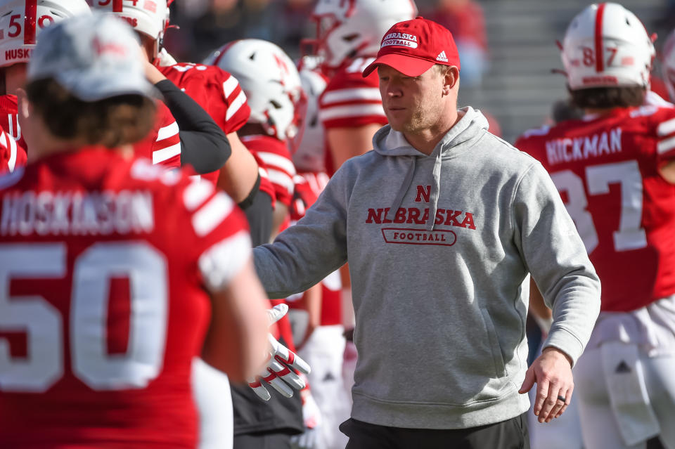 Nebraska coach Scott Frost is shown with his team before a game against Iowa on Nov. 26, 2021. (Steven Branscombe/Getty Images)