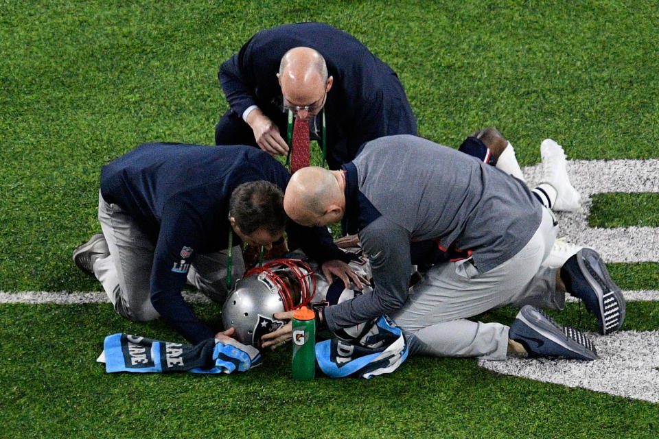 <p>Patriots’ Brandin Cook is given attention, before later being ruled out of the remainder of Super Bowl LII at U.S. Bank Stadium on February 4, 2018 in Minneapolis, Minnesota. </p>
