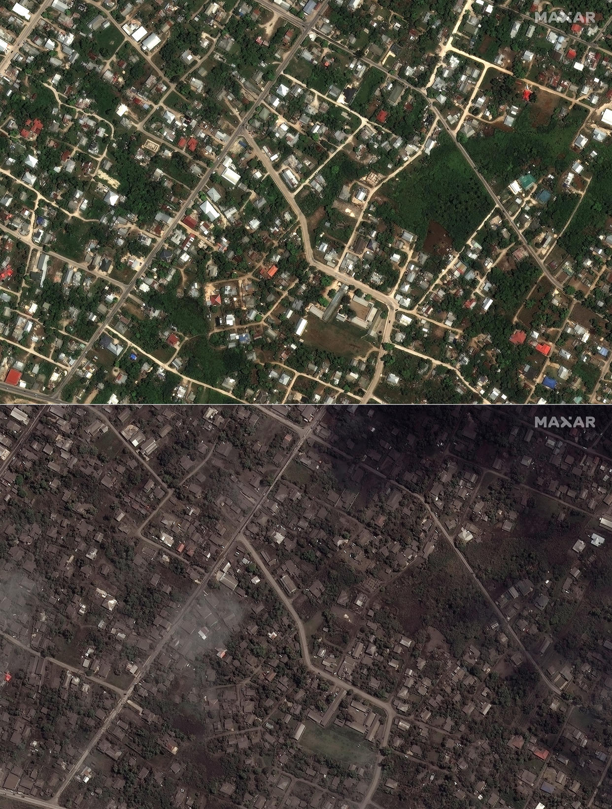 This combination of the satellite images provided by Maxar Technologies shows homes and buildings in Tonga on Dec. 29, 2021, above, and on Jan. 18, 2022. (Satellite image ©2022 Maxar Technologies via AP)