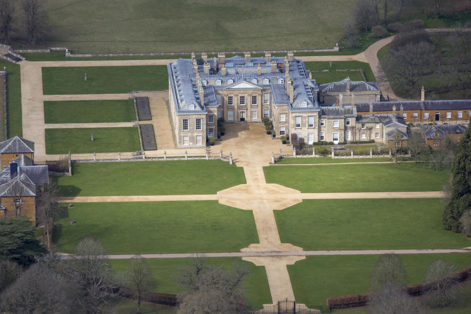 NORTHAMPTONSHIRE, ENGLAND. Aerial view of Althorp, this grade 1 listed stately home was the home of Lady Diana Spencer who later became the Princess of Wales, it is located on the Harlestone Road between the villages of Great Brington and Harlestone, 5 miles north west of Northampton. Photograph by David Goddard/Getty Images)