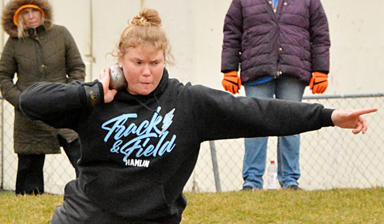 Hamlin junior standout Gracelyn Leiseth had another big day Wednesday in the Region 2A high school track and field meet at Elkton, breaking her all-time state record in the shot put with a toss of 49 feet, 3.25 inches. She broke the state record recently at Howard Wood with a throw of 48-11. She also set meet records in the shot put and discus (150-4).