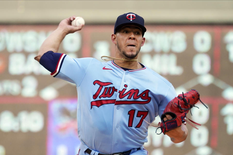 Minnesota Twins pitcher Jose Berrios (17) throws against the Los Angeles Angels during a baseball game, Saturday, July 24, 2021, in Minneapolis. (AP Photo/Jim Mone)