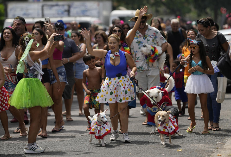 Owners and their costumed pets attend the "Blocao" dog carnival parade, in Rio de Janeiro, Brazil, Saturday, Feb. 18, 2023. (AP Photo/Silvia Izquierdo)