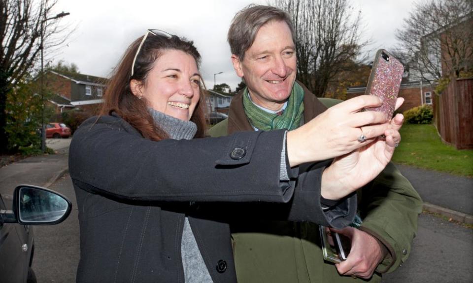 Dominic Grieve stops to take a selfie with Alex Walker, while canvassing in Marlow on Friday.