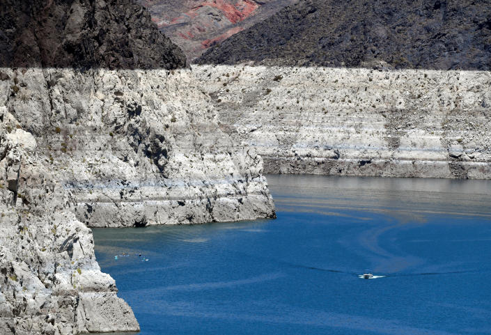 A view of a drought-stricken Lake Mead near the Hoover Dam in July 2022.