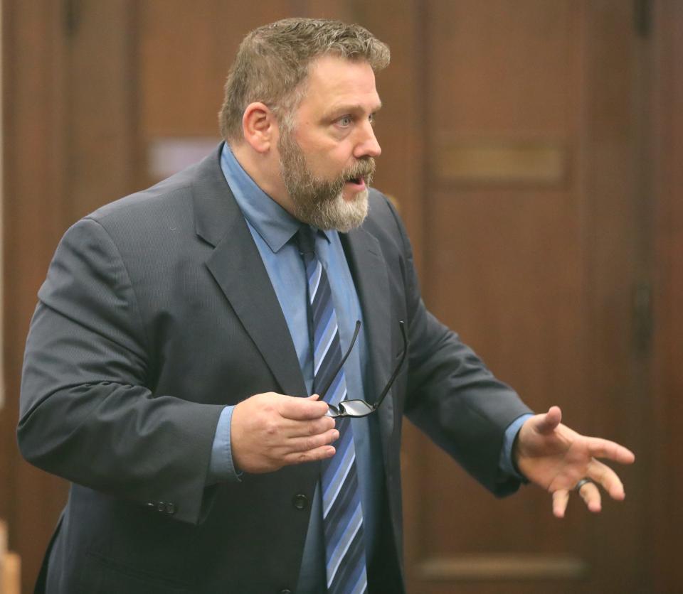 Assistant Summit County Prosecutor Kevin Mayer questions a witness during the Cameron Jones trial before Summit County Judge Joy Malek Oldfield on Tuesday. Jones is on trial for his role in the shooting death of Damarcus Hartwell on New Year's Eve in 2022.