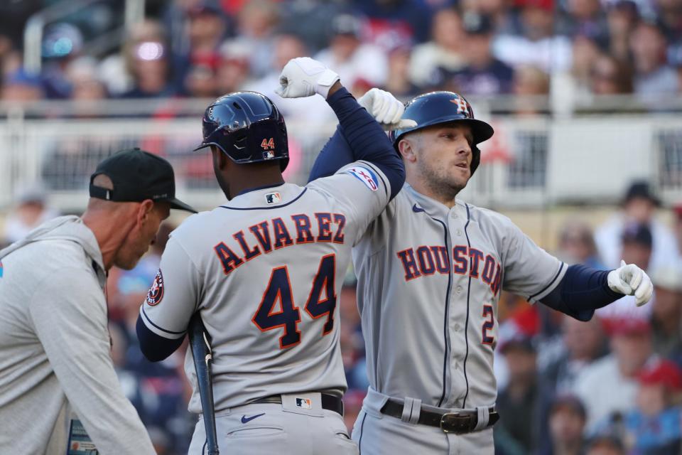 Alex Bregman celebrates his home run in Game 3 of the ALDS vs. the Twins.