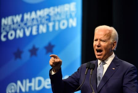 Democratic 2020 U.S. presidential candidate and former U.S. Vice President Joe Biden addresses the crowd at the New Hampshire Democratic Party state convention in Manchester