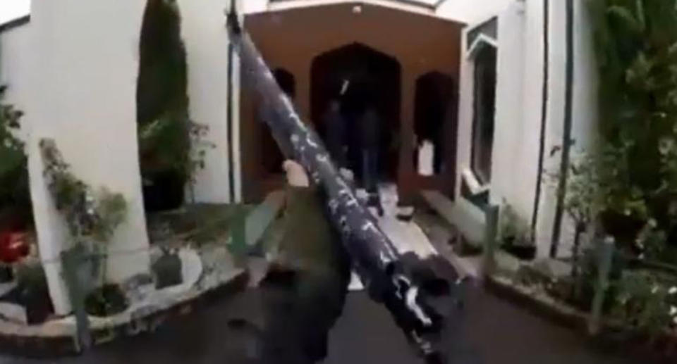 Horrific footage posted to YouTube shows a gunman approach the front doors of the mosque and open fire.