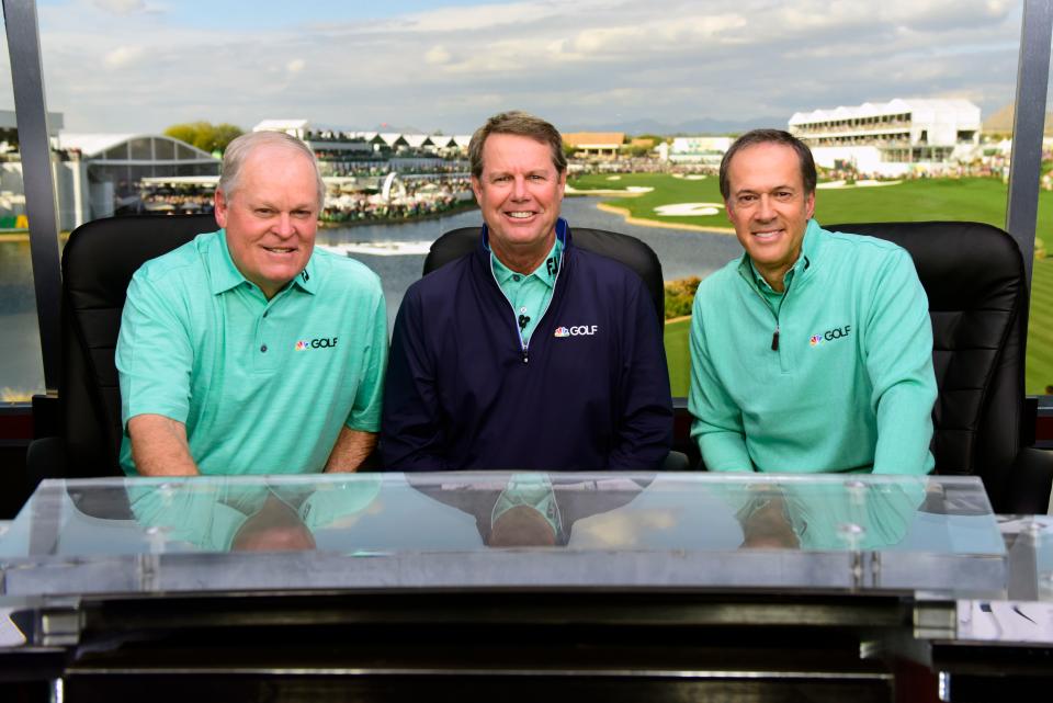 NBC's golf broadcasters Johnny Miller, Paul Azinger, and Dan Hicks pose for a photo opportunity following Miller's final live broadcast during the third round of the Waste Management Phoenix Open at TPC Scottsdale on Feb. 2, 2019. (Jared C. Tilton/Getty Images)