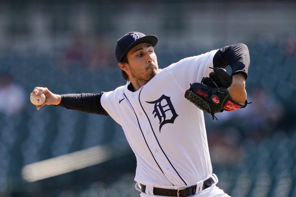 Tigers pitcher Alex Faedo throws during the first inning of Game 2 of the doubleheader over the Athletics on Tuesday, May 10, 2022, at Comerica Park.