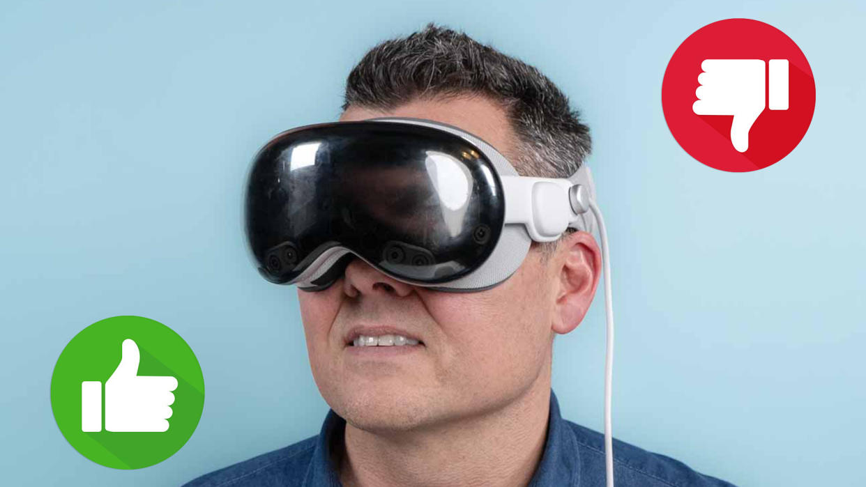  Man wearing Apple Vision Pro with thumbs up and thumbs down graphic. 