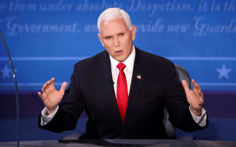 Democratic vice presidential nominee Senator Kamala Harris and U.S. Vice President Mike Pence participate in their 2020 vice presidential campaign debate in Salt Lake City